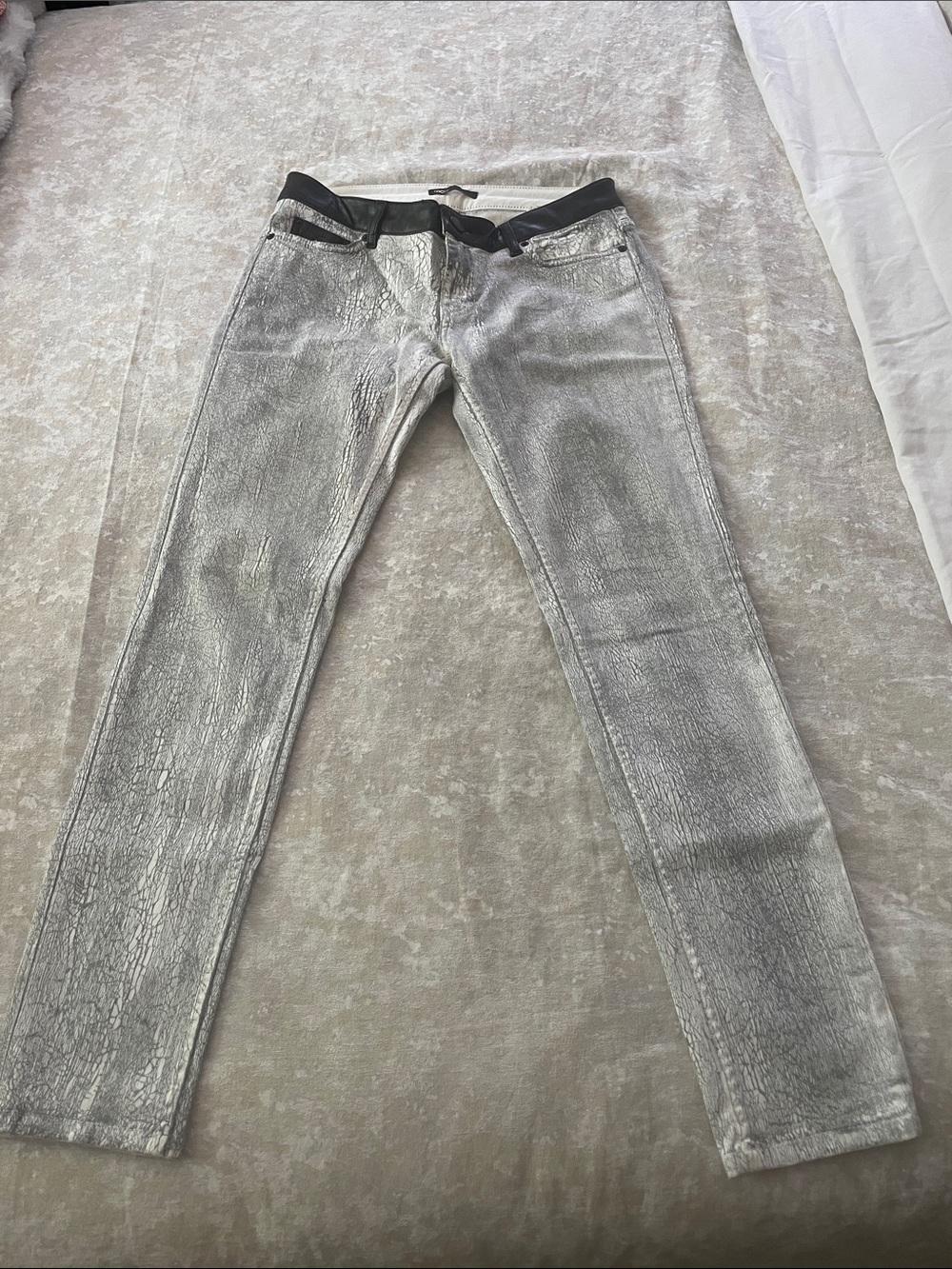 Maje Silver Metallic Cracked Skinny Jeans with Black Trim